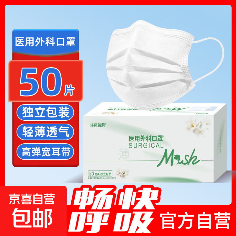 医用外科口罩独立包装轻薄透气高颜值 【低阻呼吸】薄款白色50只/1盒