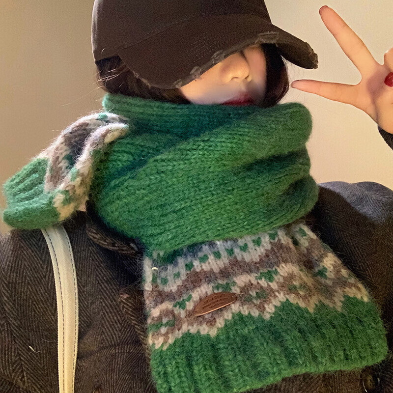 有只绵绿色针织毛线围巾女冬季圣诞氛围加厚百搭保暖防寒护颈围脖 米色 22-160CM