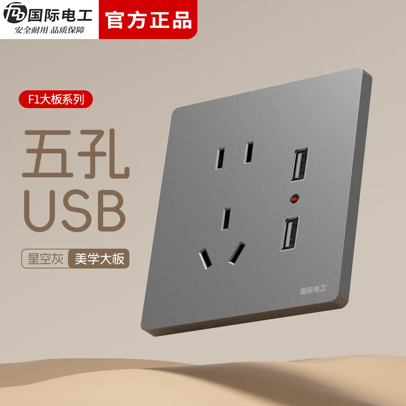 国际电工(FDD)86型暗装开关插座全屋套装面板家用墙壁灰色一开五孔USB双控插座 五孔USB 1.5A