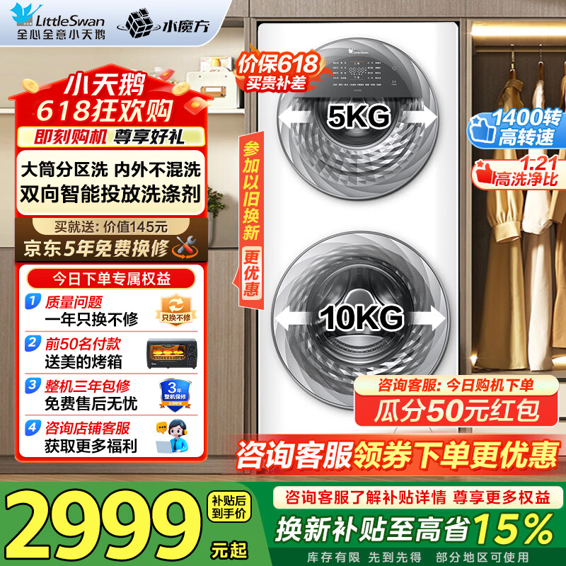 小天鹅分区洗衣机直降到手3528元，7折抢母婴双筒智能洗
