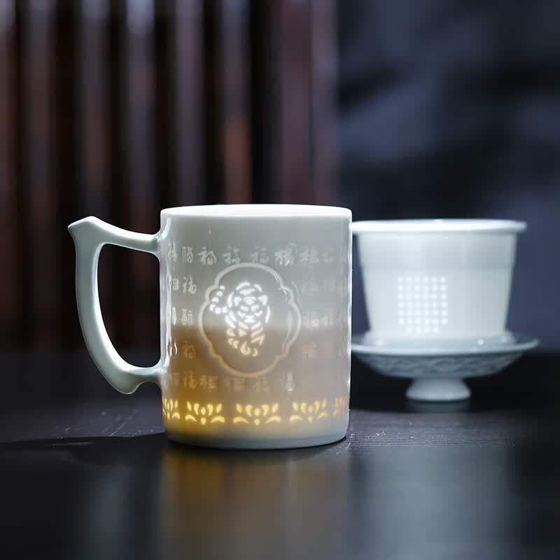 御嘉斋景德镇泡茶杯玲珑影青雕刻茶杯专用茶水分离带盖办公杯可定制礼物 百福鼠可定制礼品 450ml【个人.企业均可定制]