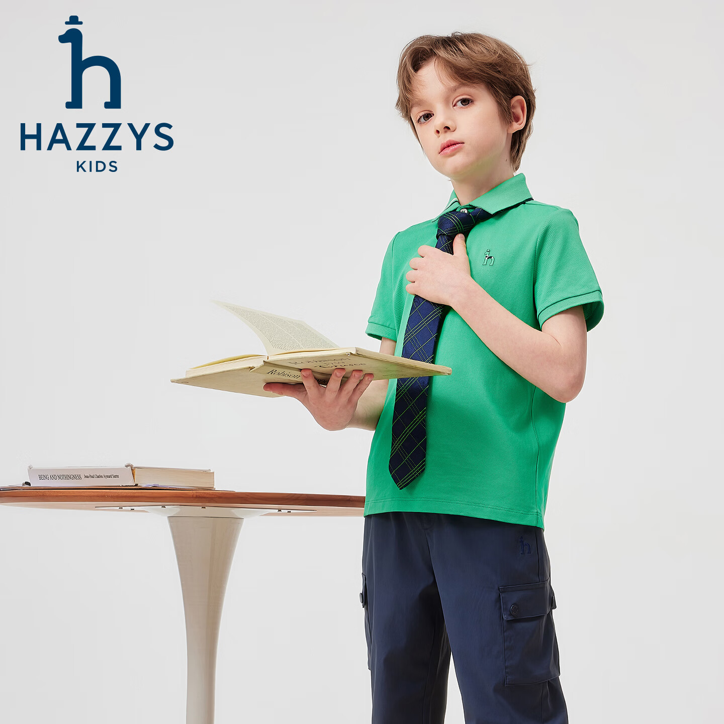 哈吉斯(HAZZYS)童装男童速干短袖POLO衫2026夏季新款大童学院风休闲简约透气T恤 藏蓝 160