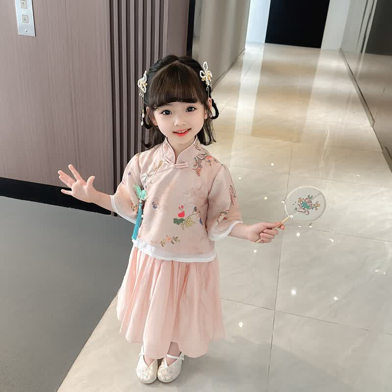 忆爱儿童汉服女童马面裙复古仙马甲襦裙古装中国风古代仙女裙宝宝唐装 花朵粉色 110码建议身高100-110cm怎么看?