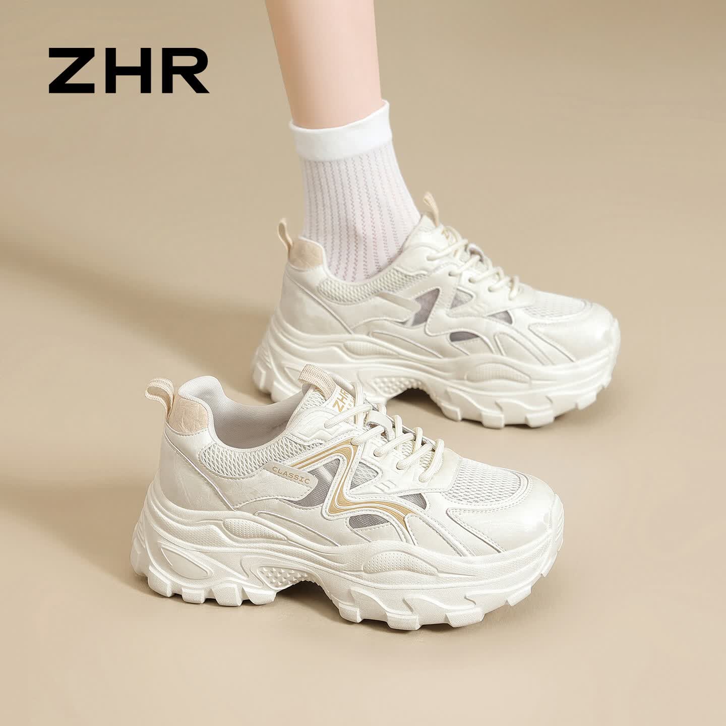 ZHR则则老爹鞋女夏季新款休闲运动鞋女厚底增高百搭鞋子女 QD13E米杏36
