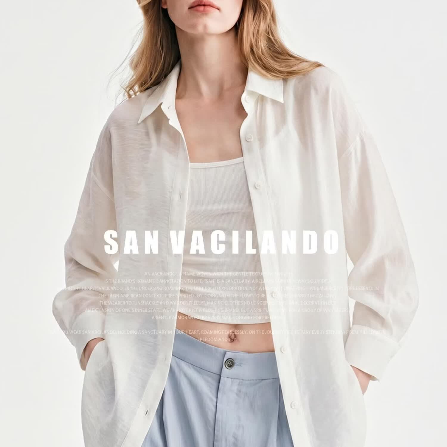 SAN VACILANDO夏季休闲polo领学院风防晒天丝宽松翻领显瘦衬衫女 白色 均码