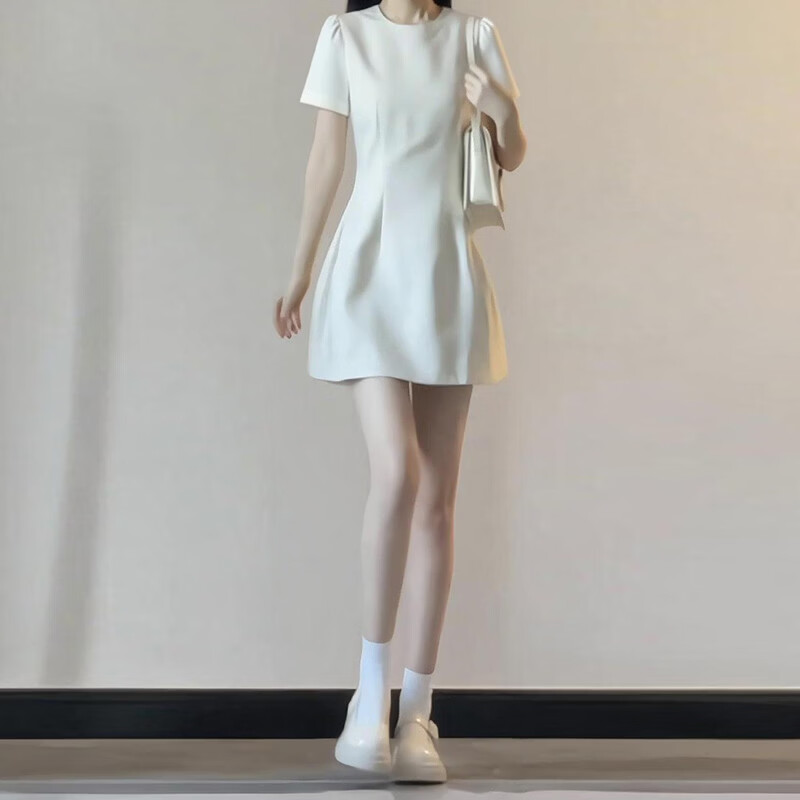 GARNUO粉色短袖连衣裙子女夏季法式小个子高级感气质礼服裙收腰显瘦短裙 灰色【短袖短款】 S 【80-100斤】