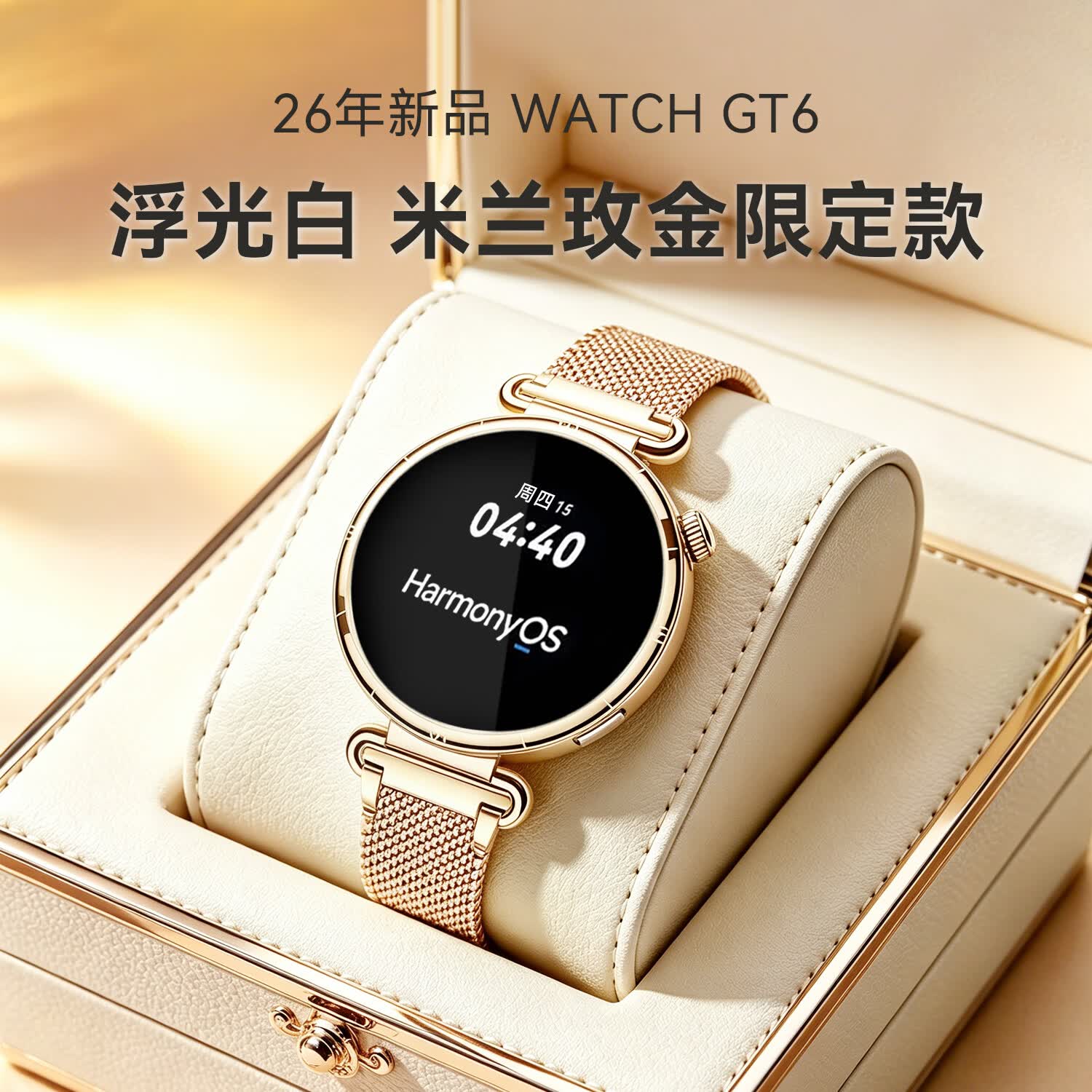 华为【时尚女神专属】华为手表WATCH女士智能手表GT6运动蓝牙接打电话心率睡眠血氧健康监测2026最新款 41MM浮光白+米兰金网钢定制表带/保护膜/手表壳