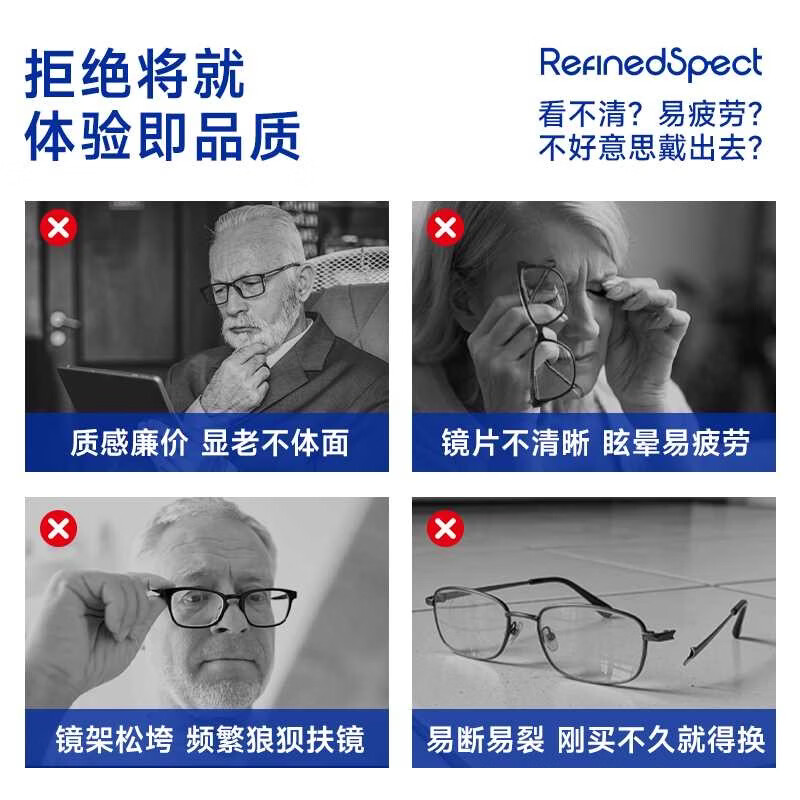 RefinedSpect蓝鹭高端纯钛老花镜欧盟标准高清防蓝光 送礼推荐 单光(适用看近)99.8%用户适合 150度(51-55岁)