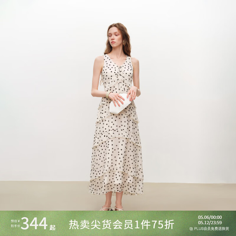 自巧【花漾年华】小个子无袖多层荷叶边雪纺连衣裙女2026夏季新款 白底黑点 M （尺码：4）