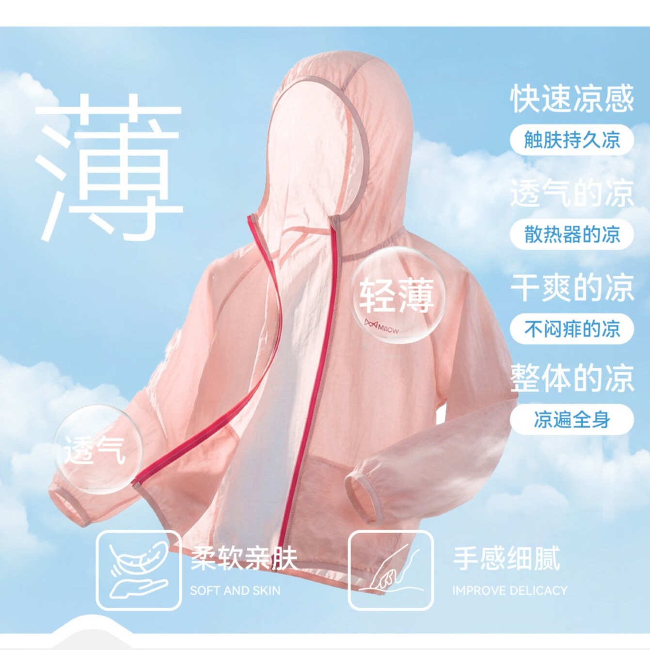猫人儿童夏季防晒衣男女童轻薄凉感连帽防紫外线UPF70+皮肤衣外套 晴空蓝 120 建议体重30-40斤