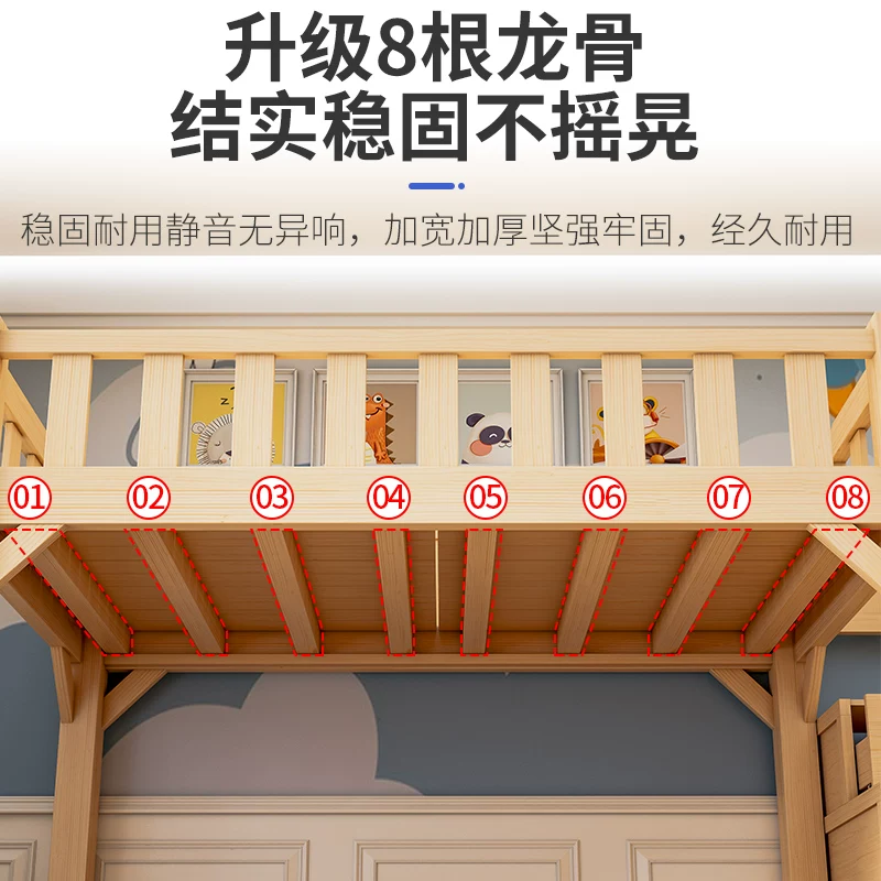 全实木高架床上床下桌儿童上下铺带书桌组合成人宿舍多功能高低床 侧面直梯 高架床 1500mm*1900mm 组合样式