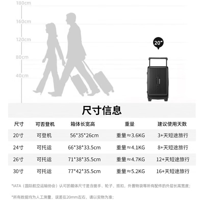 Walker Shop行李箱新款大容量宽拉杆旅行箱可扩展加厚耐用密码箱出差登机箱 黑色 【2026品牌独家】 20英寸 【登机箱/京东快递】
