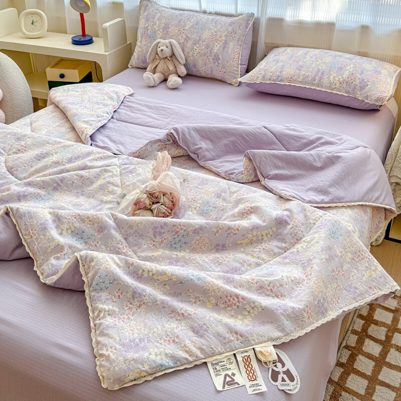 雅鹿新款A类皱皱纱夏被双人夏凉被空调被可机洗花边薄被子夏凉被芯 薰衣草 200*230单夏被