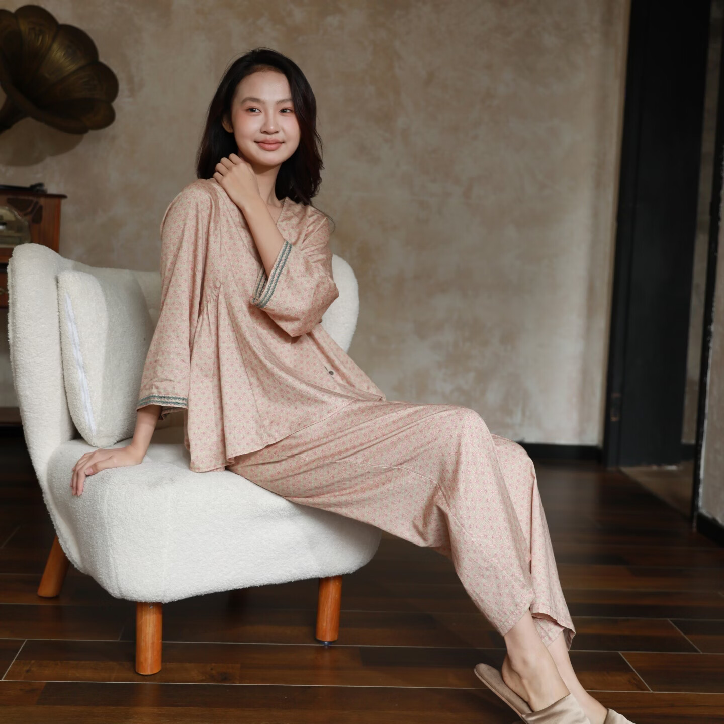 朵朵·可可2026春夏季新款睡衣女纯棉贡缎印花八分袖睡衣套装 杏粉色 M (160)