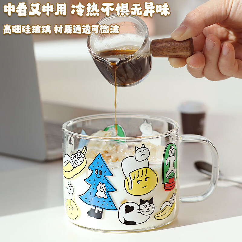 咏幻新款耐高温玻璃杯家用泡茶杯带盖带勺果汁豆浆杯把手喝水杯 涂鸦猫猫爪勺套装+恒温垫