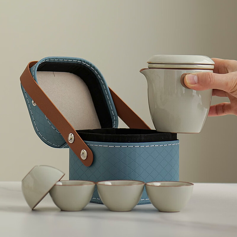 溥畔汝窑旅行茶具套装便携式快客杯户外露营泡茶壶功夫茶杯一人饮茶具 米黄汝窑小菊朵手抓壶单壶