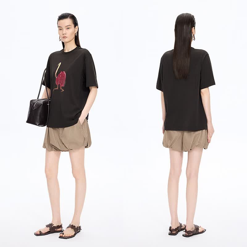 江南布衣(JNBY)【商场同款】26春夏新品T恤短袖女印花宽松休闲棉质通勤5Q5115170 005/近黑 XS