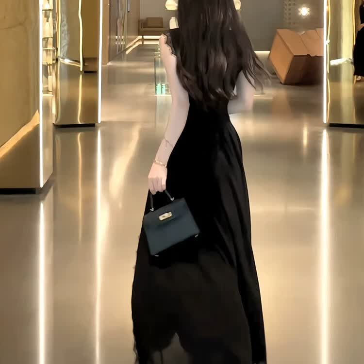 GOYN黑色蕾丝连衣裙女26夏季新款气质巨好看收腰显瘦长裙 琥珀黑 XL 120-130斤