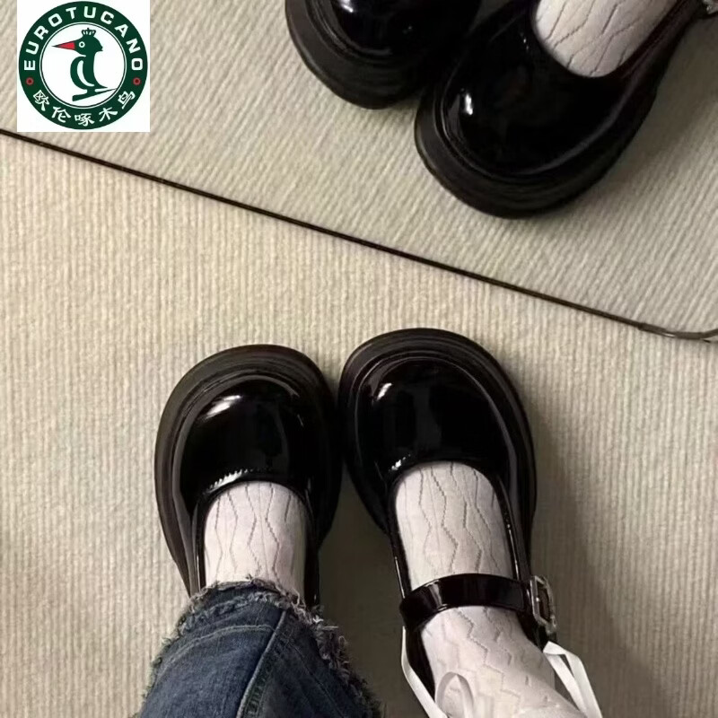 欧伦啄木鸟圆头玛丽珍百搭小皮鞋2026新款黑色百搭厚底蝴蝶一字扣jk单鞋 黑色 37