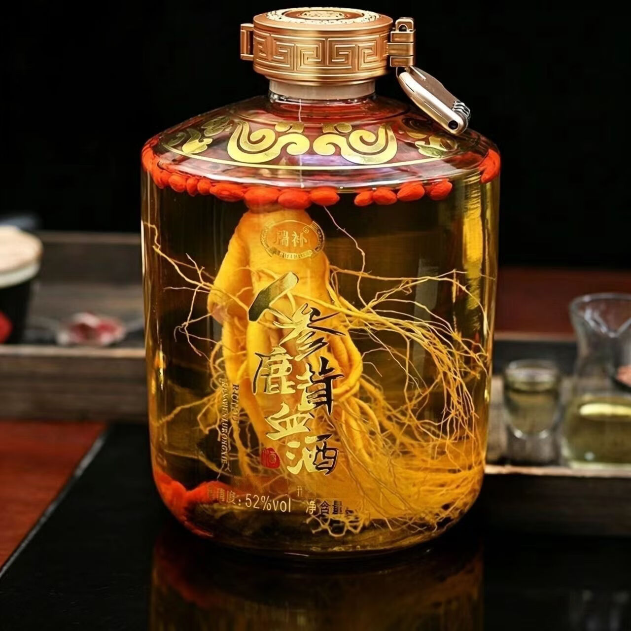 瑞补人参枸杞鹿茸血酒【玻璃大坛礼盒】 52度3000毫升人参枸杞酒包邮 52度 3000mL 1坛 六斤装人参鹿茸血酒 赠打酒提