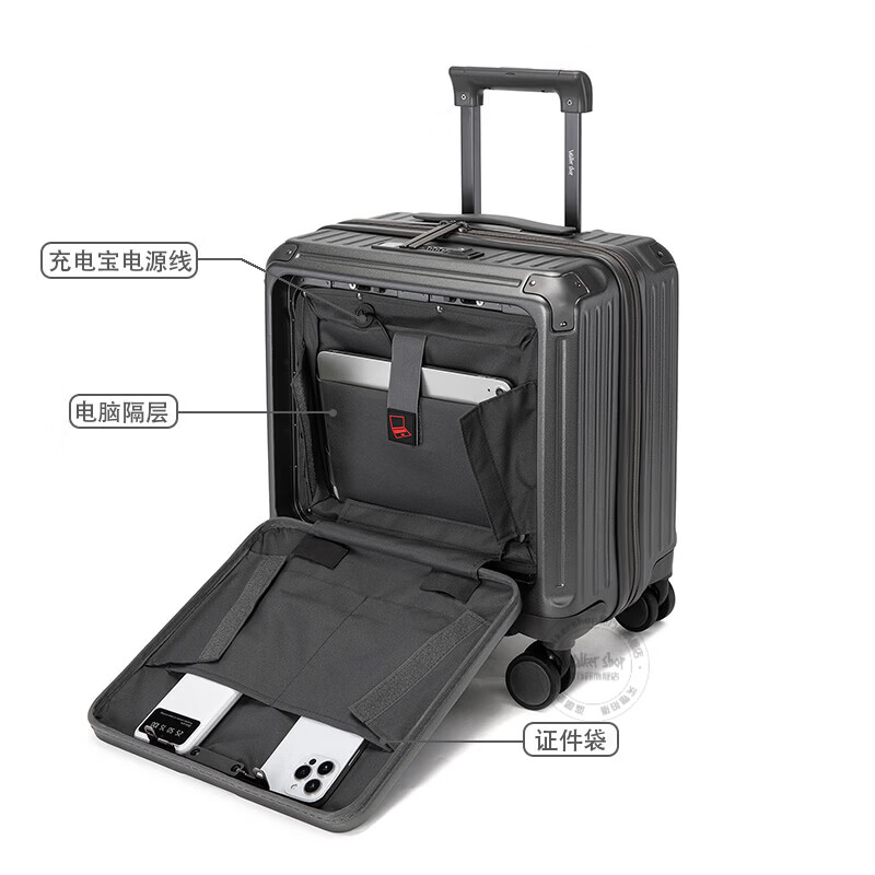 Walker Shop品牌高端行李箱多功能前开盖18寸轻便耐用登机箱拉杆箱旅行箱 灰色升级款 18英寸 【明日达/可登机】