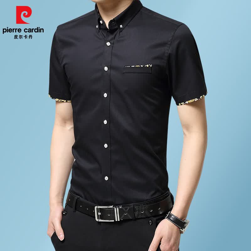 皮尔卡丹(pierre cardin)夏季棉短袖衬衫男士商务休闲免烫抗皱衬衣修身半袖上衣男装 白色 M