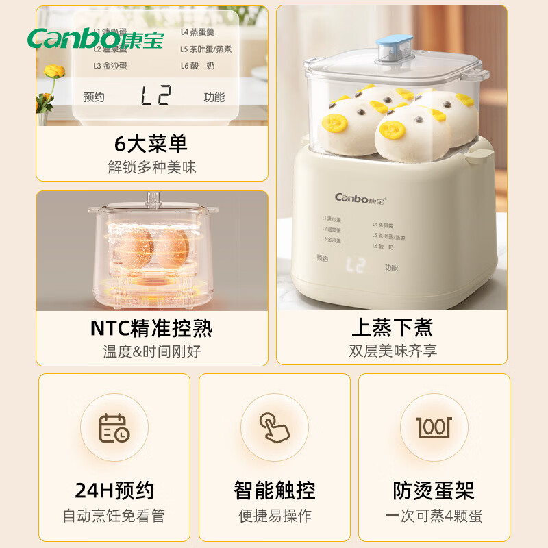 康宝(Canbo)煮蛋器 蒸蛋器双层迷你小型蒸锅智能定时煮鸡蛋神器多功能早餐一体机自动断电 双层 【特价款】六大功能 | 可蒸可煮