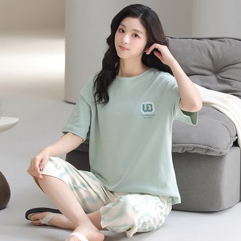 莫代尔纯棉睡衣女士2026新款七分裤短袖可外穿大码小清新家居服春夏季 791绿色字母 【100%新疆棉 柔软亲肤】 L 建议100-120斤 现货,当日发