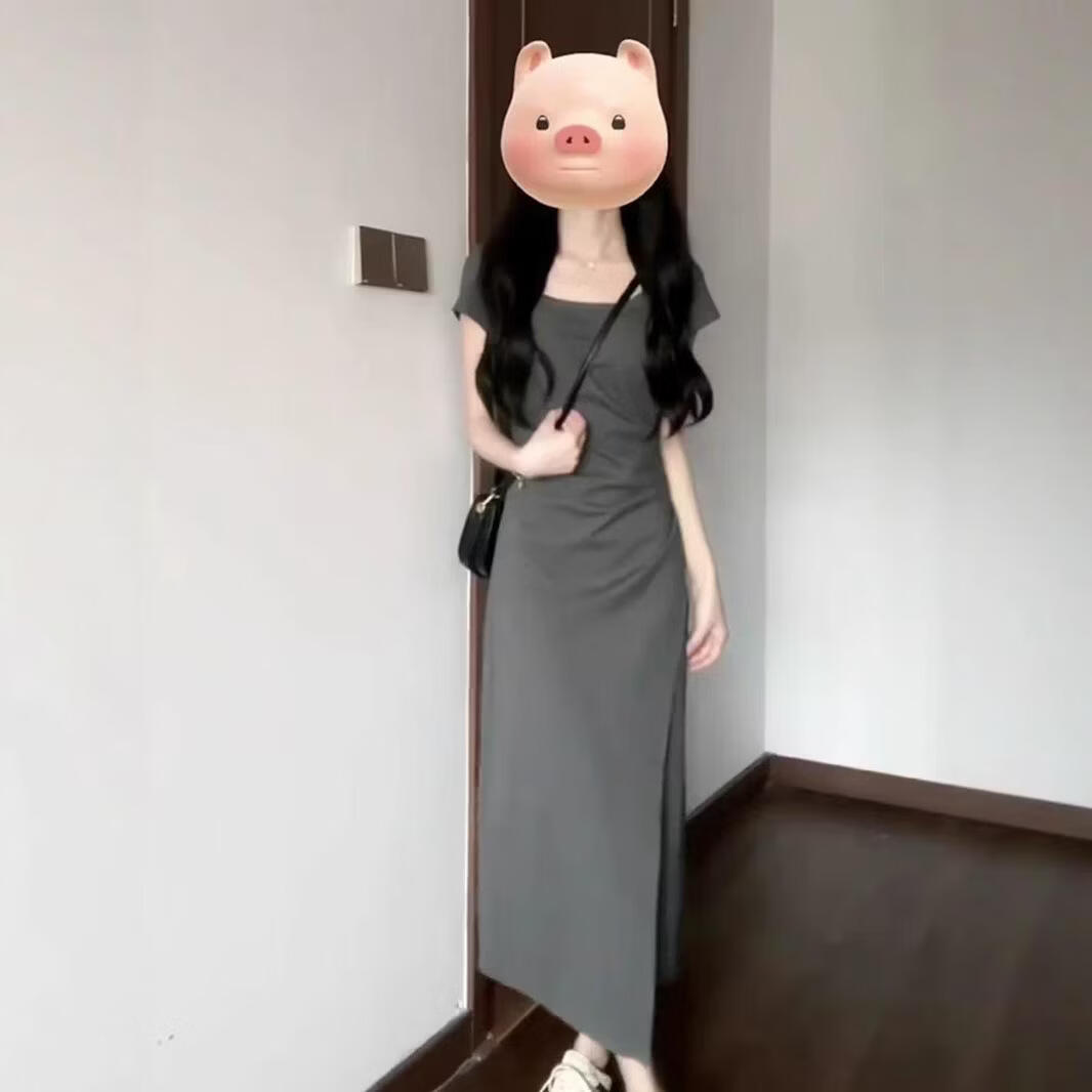 茶歇法式方领灰色连衣裙女2026夏季设计感小众修身显瘦气质长裙 黑色 2XL