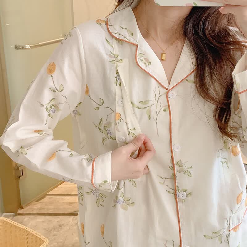 ROVO月子服孕妇睡衣套装纯棉可外穿产后哺乳衣夏季新款 浅粉色 L