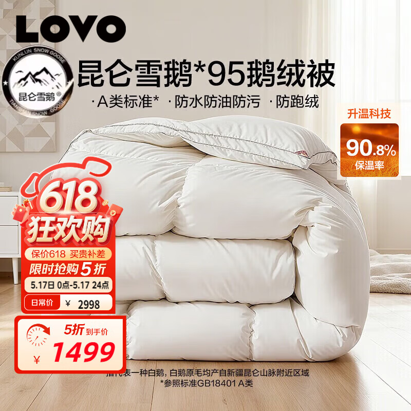LOVO罗莱A类 95%昆仑白鹅绒羽绒被 冬被 1000g填充200*230cm 白色