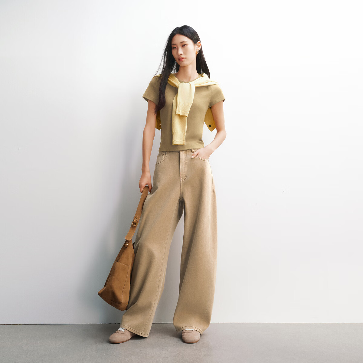 太平鸟短袖T恤女2026夏季新款休闲百搭修身显瘦上衣女 短袖T恤 卡其 L