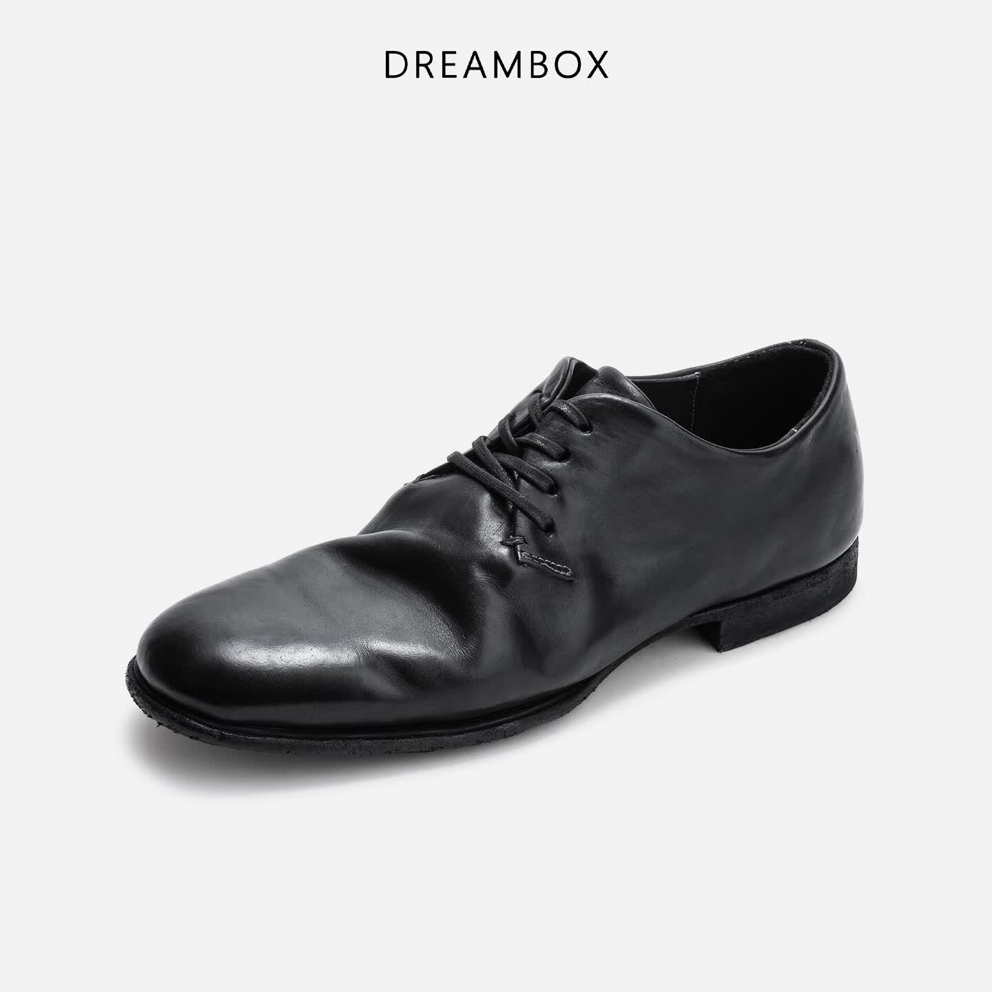 DREAMBOX钧博时尚男鞋水洗马皮极简风休闲皮鞋2026夏季薄款透气舒适德比鞋 陨石黑 马皮款 42 男码