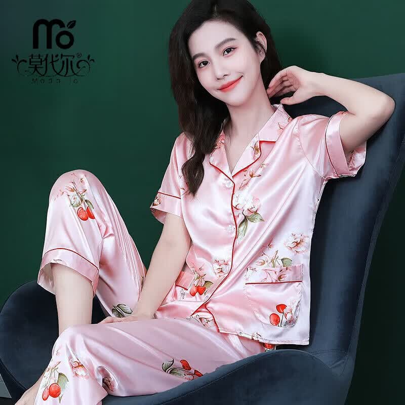 莫代尔睡衣女春夏季薄款短袖冰丝女士休闲大码家居服两件套装夏天可外穿 短长粉红彩虹糖 L 适合106-115斤