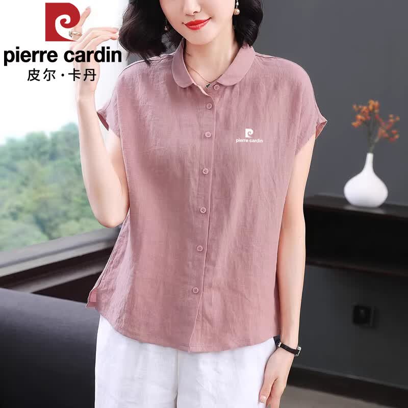 皮尔卡丹（pierre cardin）棉麻衬衫女士2026夏季新款时尚休闲宽松洋气减龄无袖宽松大码衬衣 藕粉色 L 推荐110-128斤穿