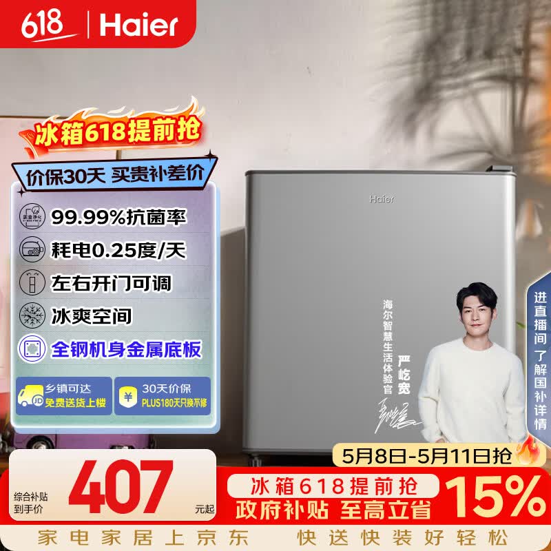 海尔（Haier）43L单门小户型冰箱一级能效抗菌净味三档可调银色BC-43GHSDE0S9国家补贴