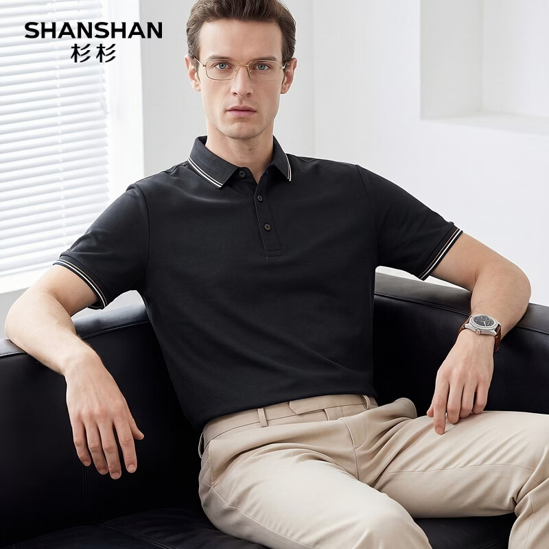 SHANSHAN杉杉短袖T恤男父亲节POLO领上衣夏季透气中青年衣服休闲爸爸装 黑色 3XL /190【建议155-175斤】