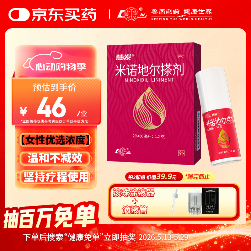 鲁南 慧发米诺地尔搽剂2％60ml脱发生发液女士发缝宽专用防脱生发发际线增长液洗发水斑秃泡沫凝胶产后脱发