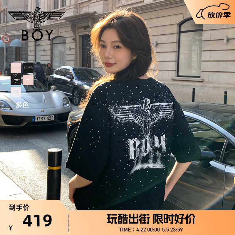 BOY LONDON【满天星】春夏男女同款短袖渐变烫钻印花时尚T恤N01107 黑色 S