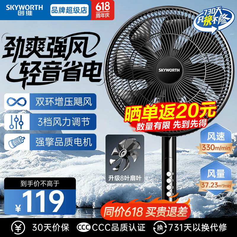 创维（Skyworth）电风扇落地扇新款智能语音遥控八叶柔风台地两用风扇家用电扇99.99%抗菌驱蚊定时空气循环扇 经典款【风大音轻】曜石黑