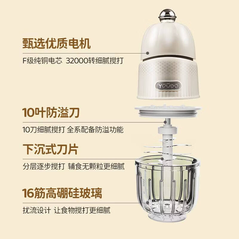 友多(YouDo)辅食机婴儿打泥机宝宝料理机多功能搅拌机食物研磨器工具打泥小型 单杯单刀_10叶刀龙鳞款 10叶刀头