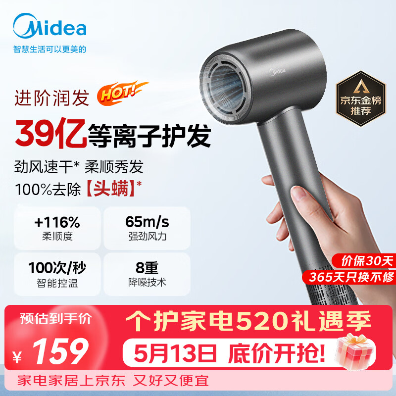 美的（Midea）高速护发吹风机 39亿等离子护发电吹风 大功率速干 家用负离子吹风筒FG208灰 国家补贴 520礼物