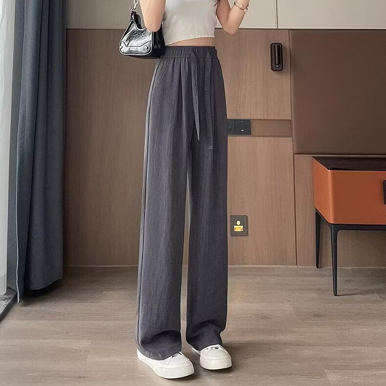BURQAMARCH冰丝阔腿裤女夏季薄款扎染褶皱肌理感休闲裤子高腰抽绳纯色直筒裤 黑色 XL （建议120-140斤）