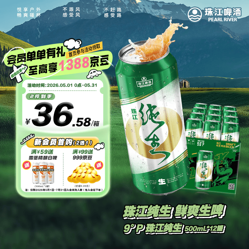 珠江啤酒（PEARL RIVER）9°P 珠江纯生 京东快递 500mL 12罐 整箱装