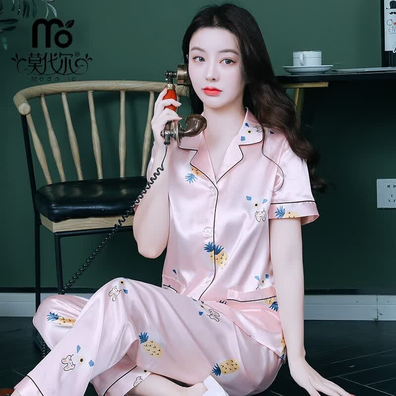 莫代尔睡衣女春夏季薄款短袖冰丝女士休闲大码家居服两件套装夏天可外穿 短长粉红彩虹糖 L 适合106-115斤