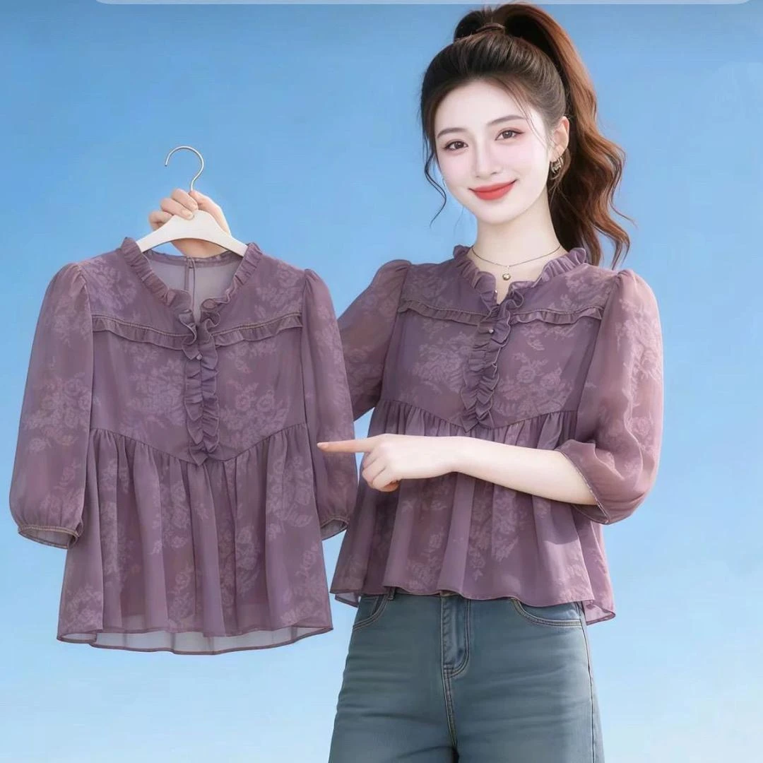 【高端品质】轻奢温柔气质木耳边印花雪纺衫女设计感宽松减龄上衣 轻奢款 L 【建议100-115斤】