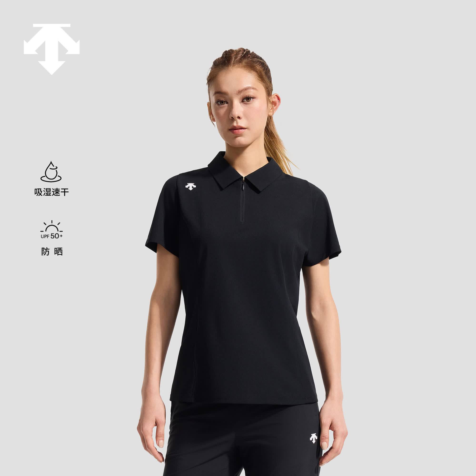 迪桑特（DESCENTE）WOMEN’S TRAINING女士吸湿速干防晒短袖T恤POLO衫 BK-黑色 M (165/84A)