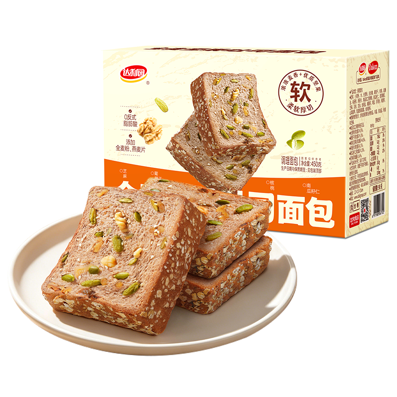 达利园全麦坚果吐司面包450g营养早餐坚果粗粮代餐下午茶零食