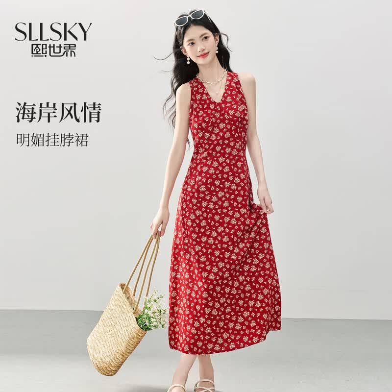 熙世界（sllsky）明媚红色碎花挂脖连衣裙女夏季法式度假无袖吊带V领长裙子
