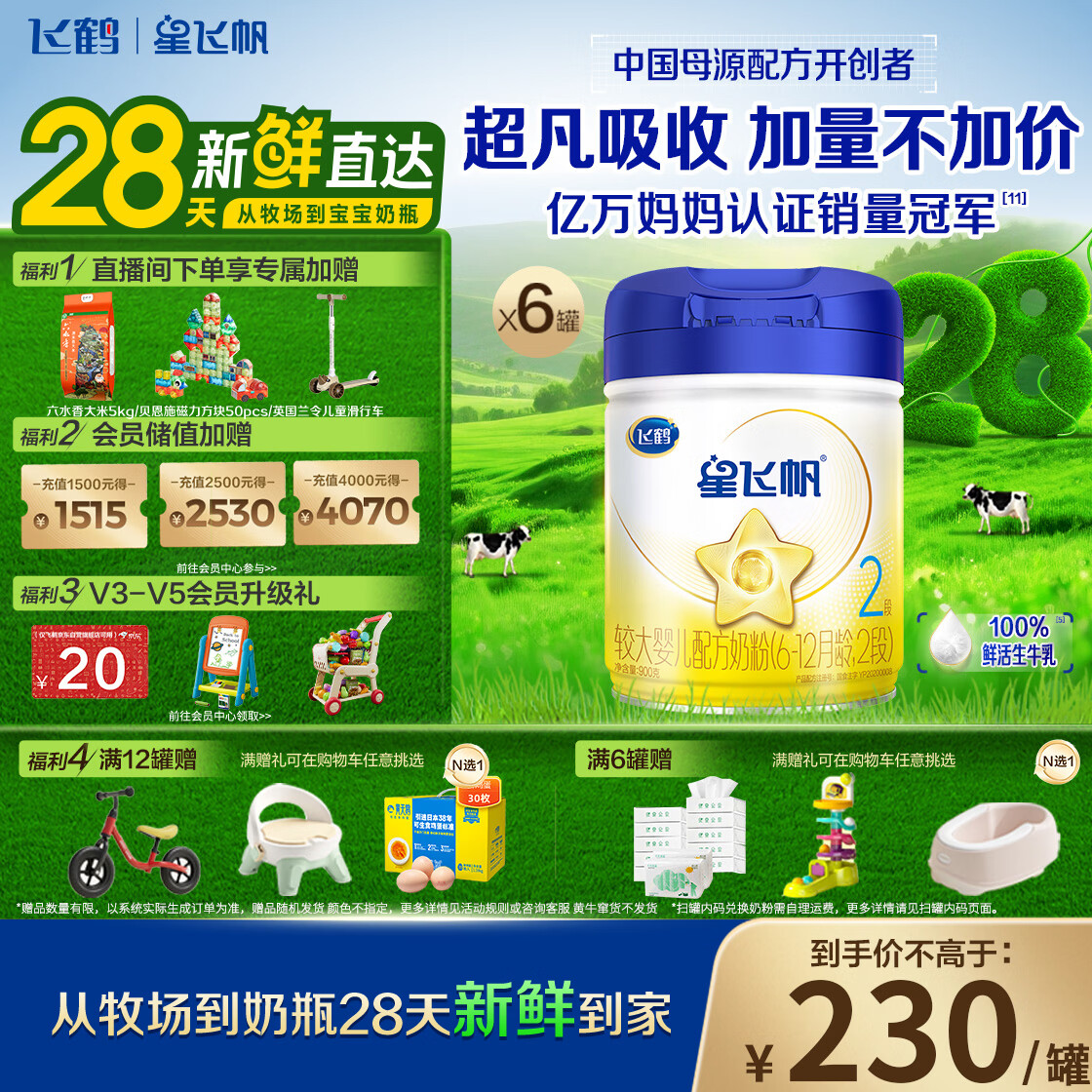 飞鹤星飞帆婴儿配方奶粉2段/3段900g*6罐 1379.99元 - 折送网